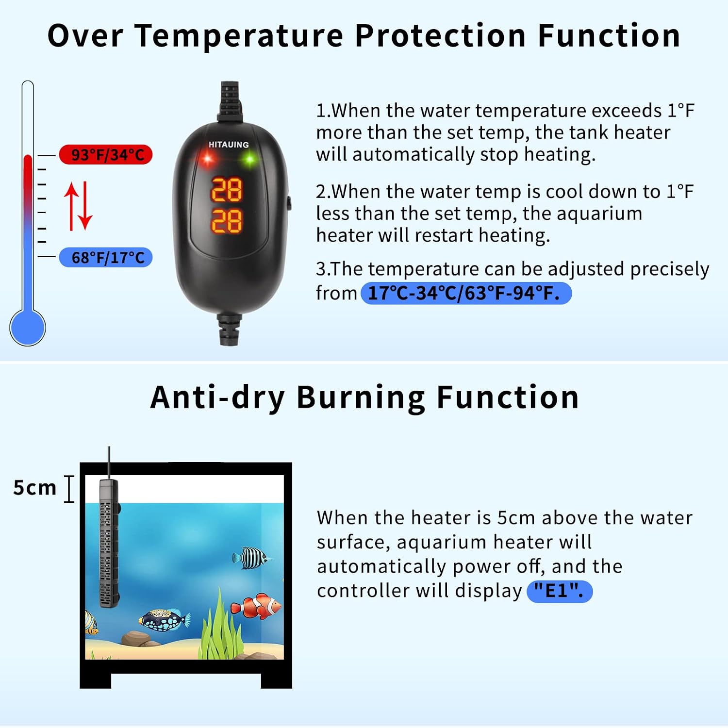 Aquarium Heater, 50W/100W/200W/300W/500W Submersible Fish Tank Heater with Over-Temperature Protection and Automatic