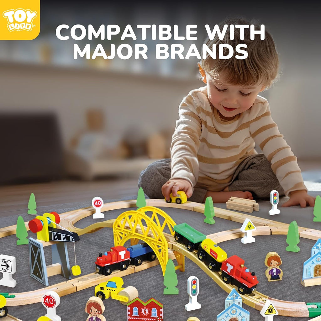 Wooden Train Set with Crane, 60-Pc Track, Boys 3-8 | Magnetic Snap-Together, Fits Thomas Brio Chuggington, Fine-Motor