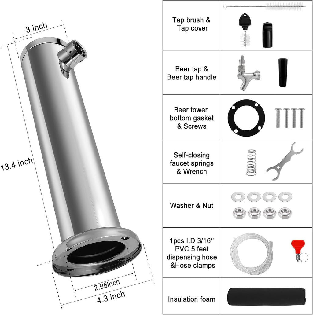 Kegerator Tower Single Tap Beer Tower with Self-Closing Beer Faucet