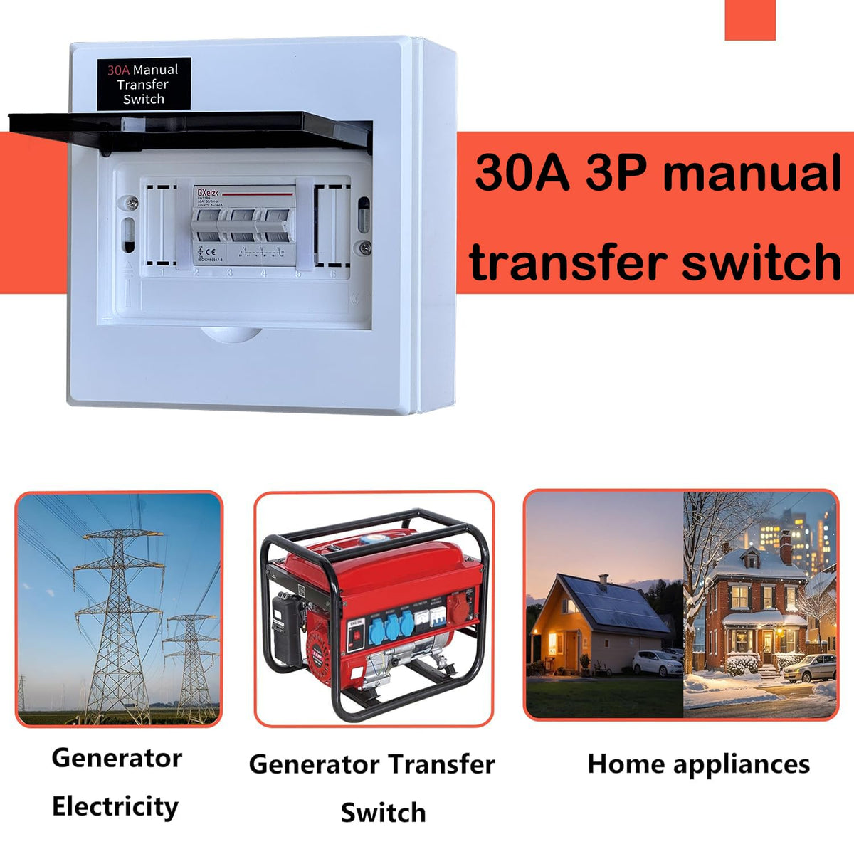 Manual Transfer Switch 30A Generator Transfer Switch 120/240V,7500W Capacity, 3-Pole, for Portable Generator
