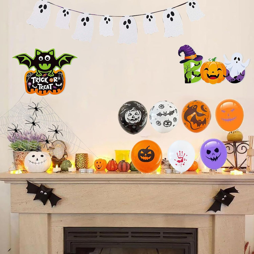 100+ Piece Halloween Decorations Set - All-in-One Kit Halloween Decor with Banner, Hanging Bats, Spider Web