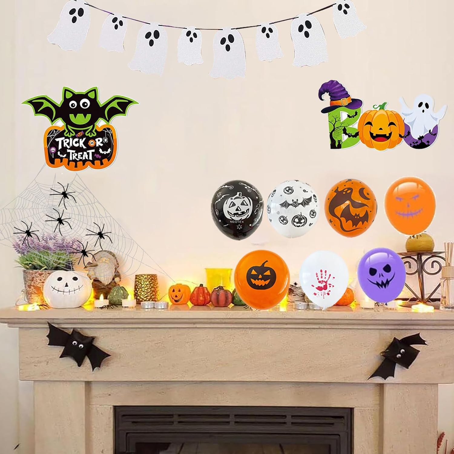 100+ Piece Halloween Decorations Set - All-in-One Kit Halloween Decor with Banner, Hanging Bats, Spider Web