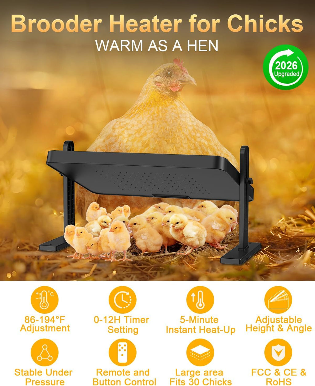 Chick Brooder Heater with Adjustable Temp (86~194℉) & 12H Timer & Height & Angle, Rapid-Heating Heat Plate for Chicks