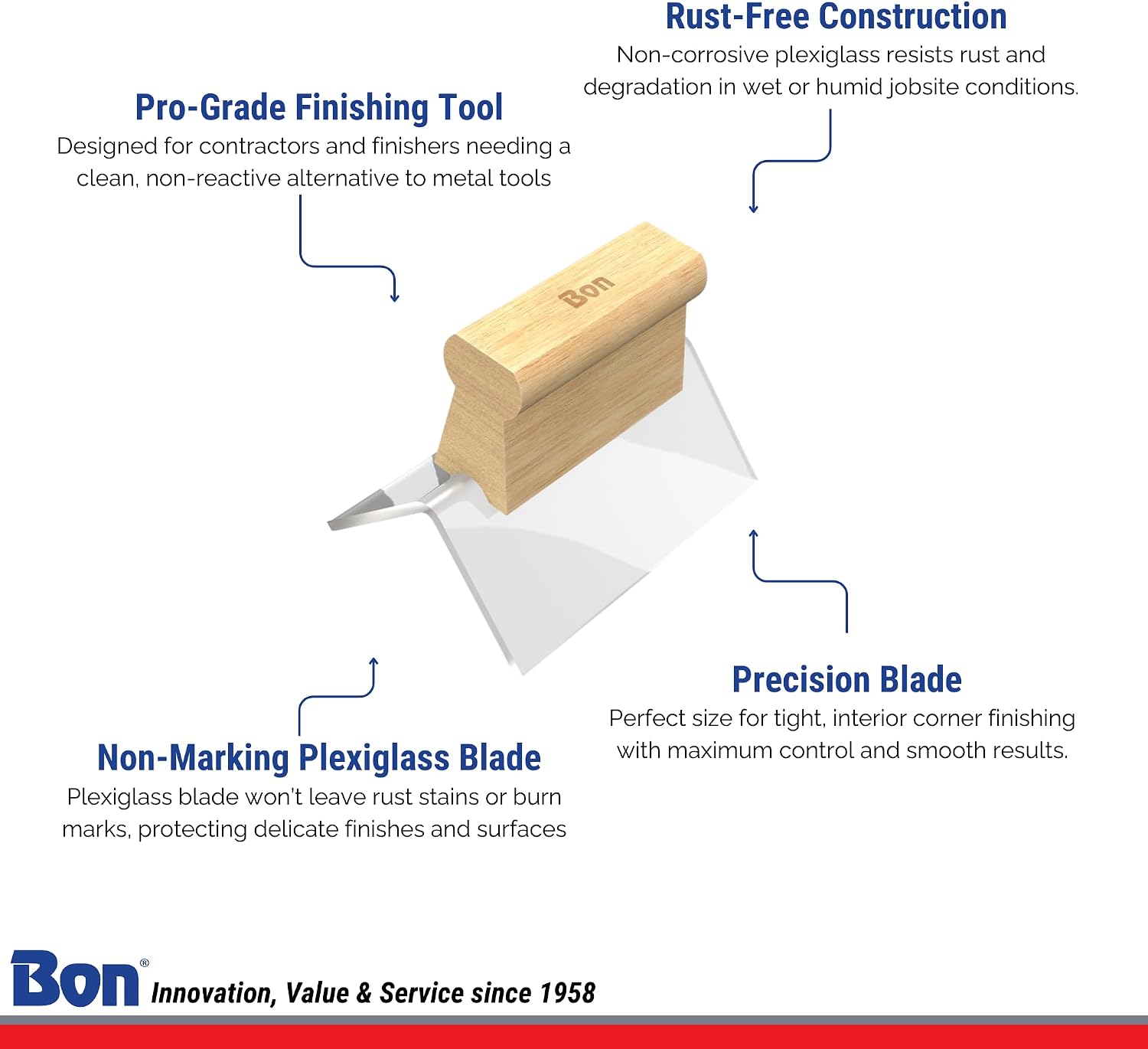 Outside Corner Tool Plexiglass 1/4 Inch Blade with Wood Handle for Burn-Free and Rust-Proof Finishing on Stucco