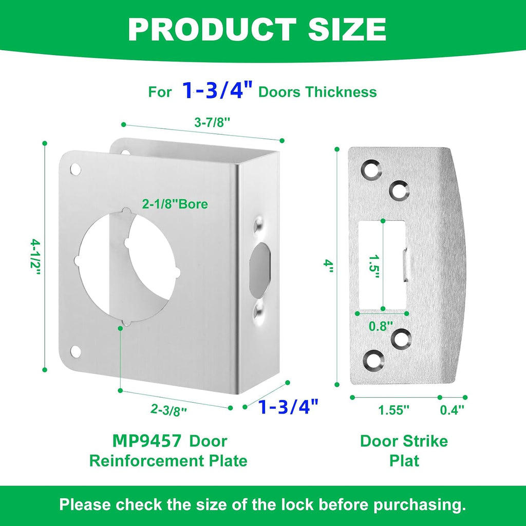 MP9457 Door Reinforcement Plate & Strike Plate for 1-3/8" Doors | Fits 2-3/8" (60mm) backsets,Stainless