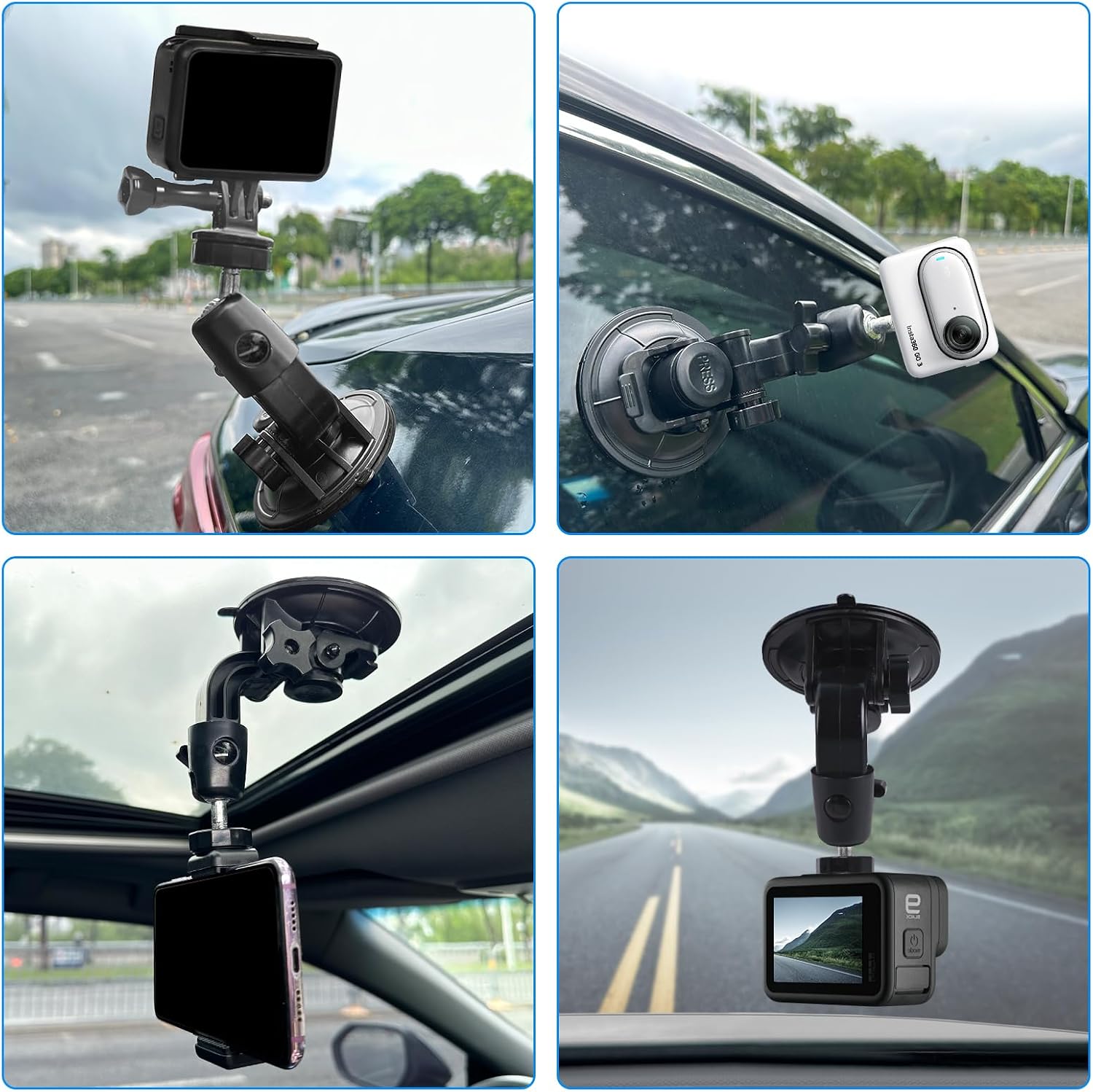 Dash Cam Suction Cup Mount Windshield Camera Holder Stand 9CM with Phone Bracket for GPS Driving DVR Action Camcorder