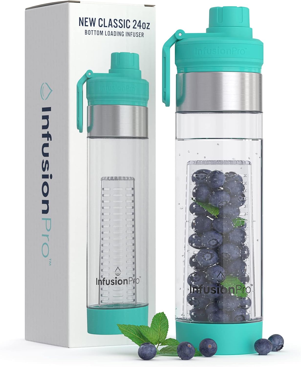 24 oz Fruit Infuser Water Bottle with Twist Cap Lid : Insulated Sleeve & Infused Water Recipe eBook : Bottom Loading