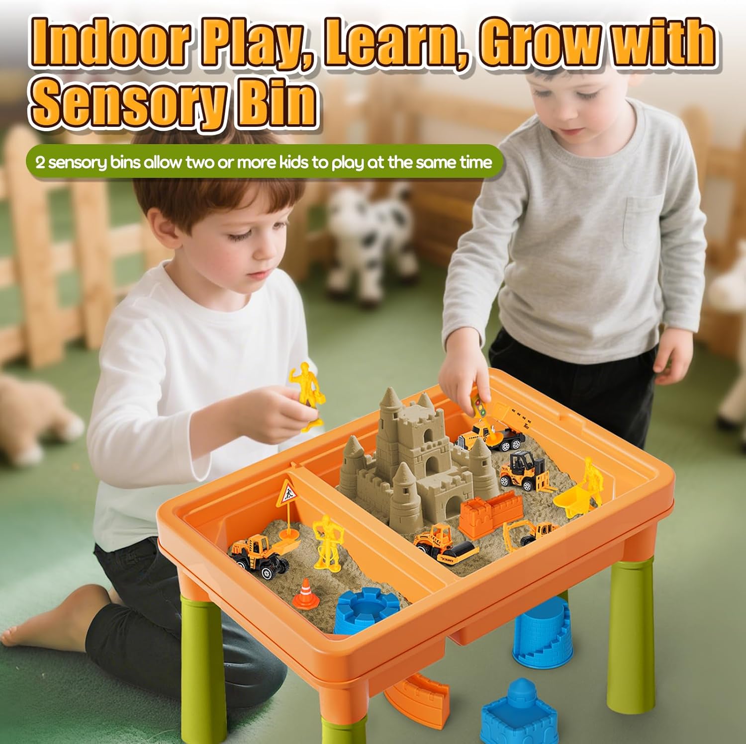 Sensory Table with Sensory Sand, Indoor Sensory Bin with Lid & 2.6lbs Play Sand, Construction Kit with 6 Alloy Trucks