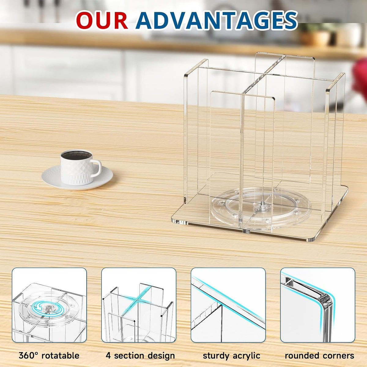 Cup and Lid Holder, 4 Compartment, Square | Rotating Coffee Cup Dispenser Lid Carousel for Restaurant, Buffet, Coffee