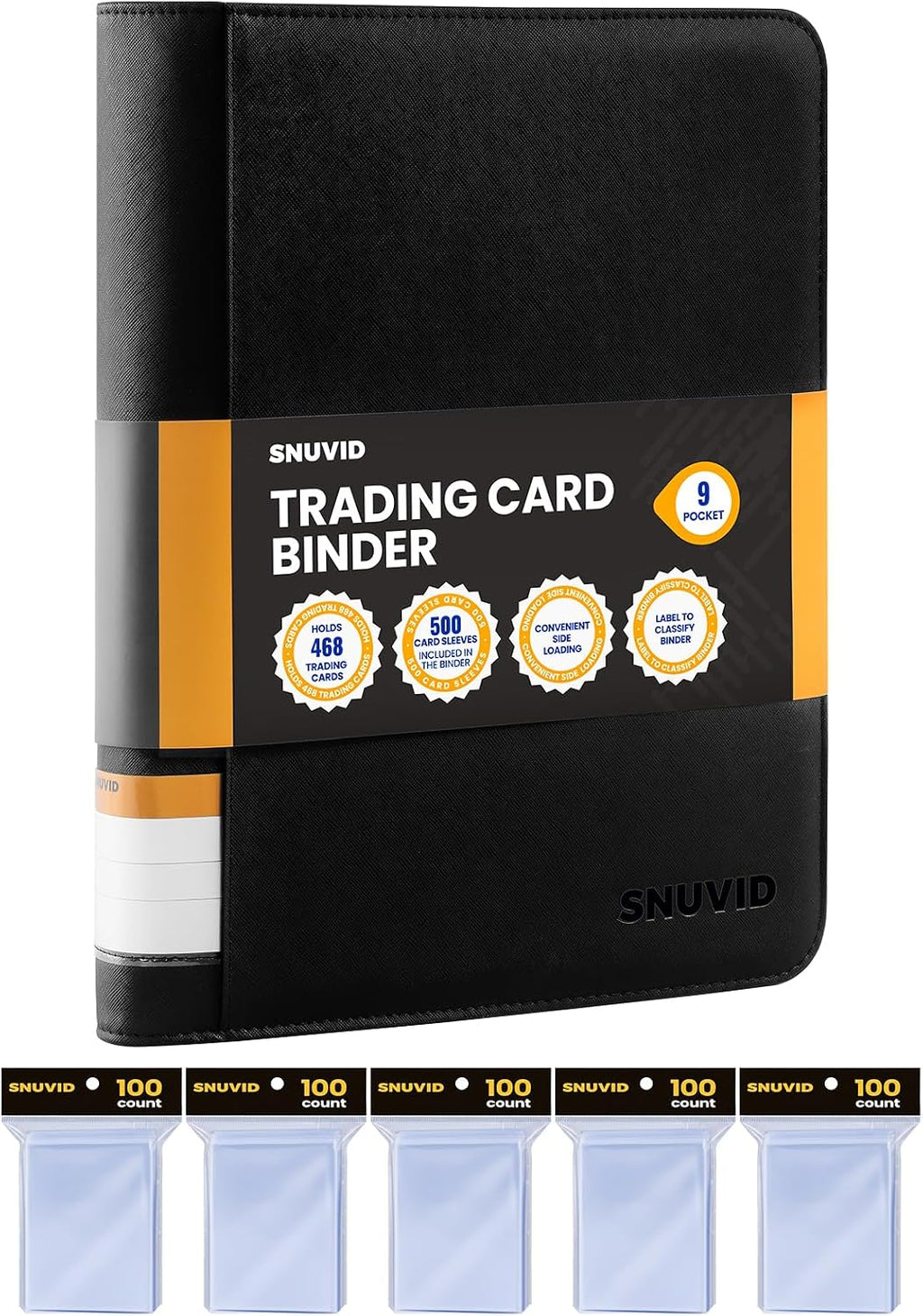 9 Pocket Trading Card Binder with 500 Card Sleeves, 26 Side-Loading Pages Hold 468 Trading Cards, Black PU Cover Zip