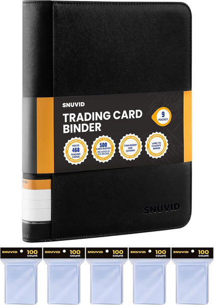 9 Pocket Trading Card Binder with 500 Card Sleeves, 26 Side-Loading Pages Hold 468 Trading Cards, Black PU Cover Zip