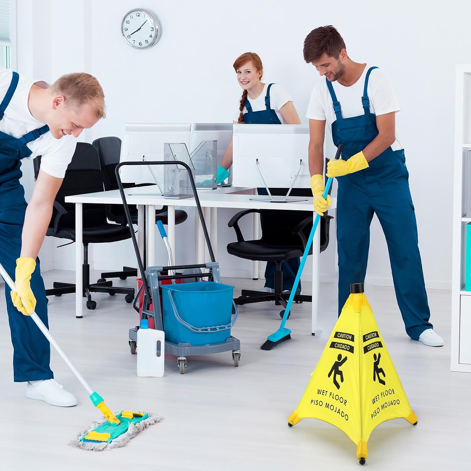 6 Pcs 19.5 Inch Wet Floor Sign Pop-up Safety Cone with Storage Tube Wet Floor Symbol Yellow Warning Sign for Retail