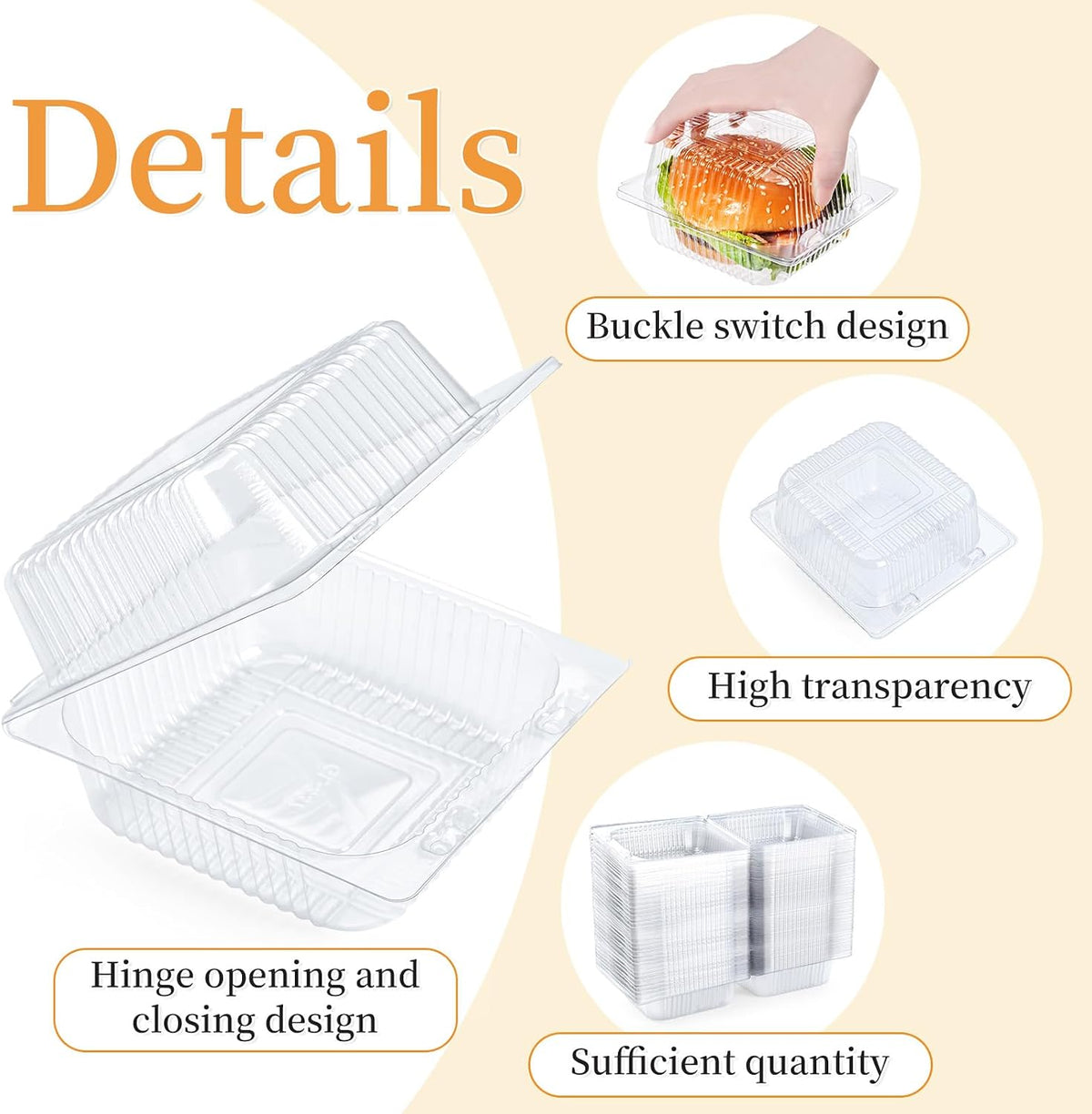50 Count Heavy Duty Clear Clamshell Food Containers Hinged with Lids