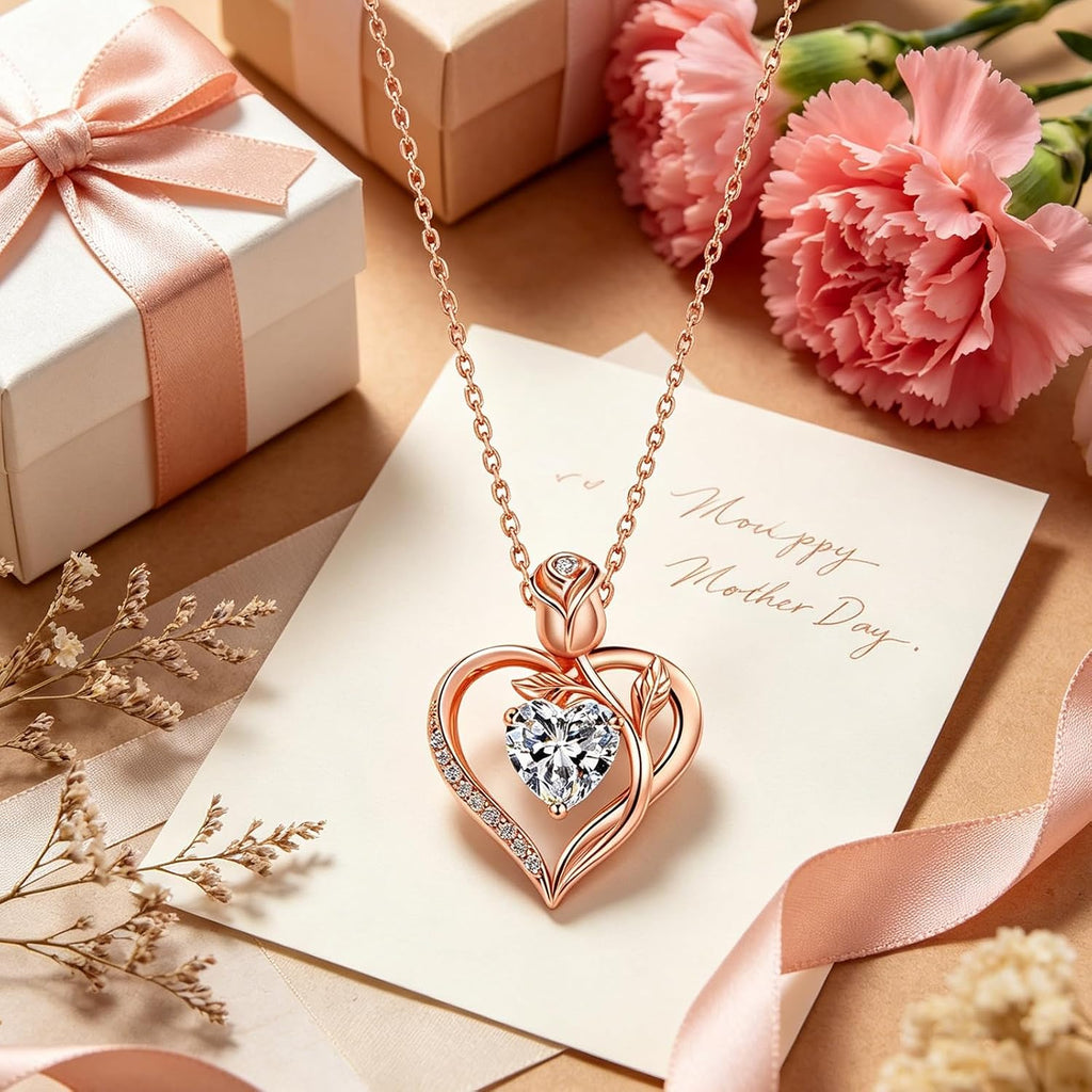 1.2CT Rose Heart Necklace Option of Moissanite or Lab-Grown Sapphire Ruby Emerald&More Necklace for Women Birthstone