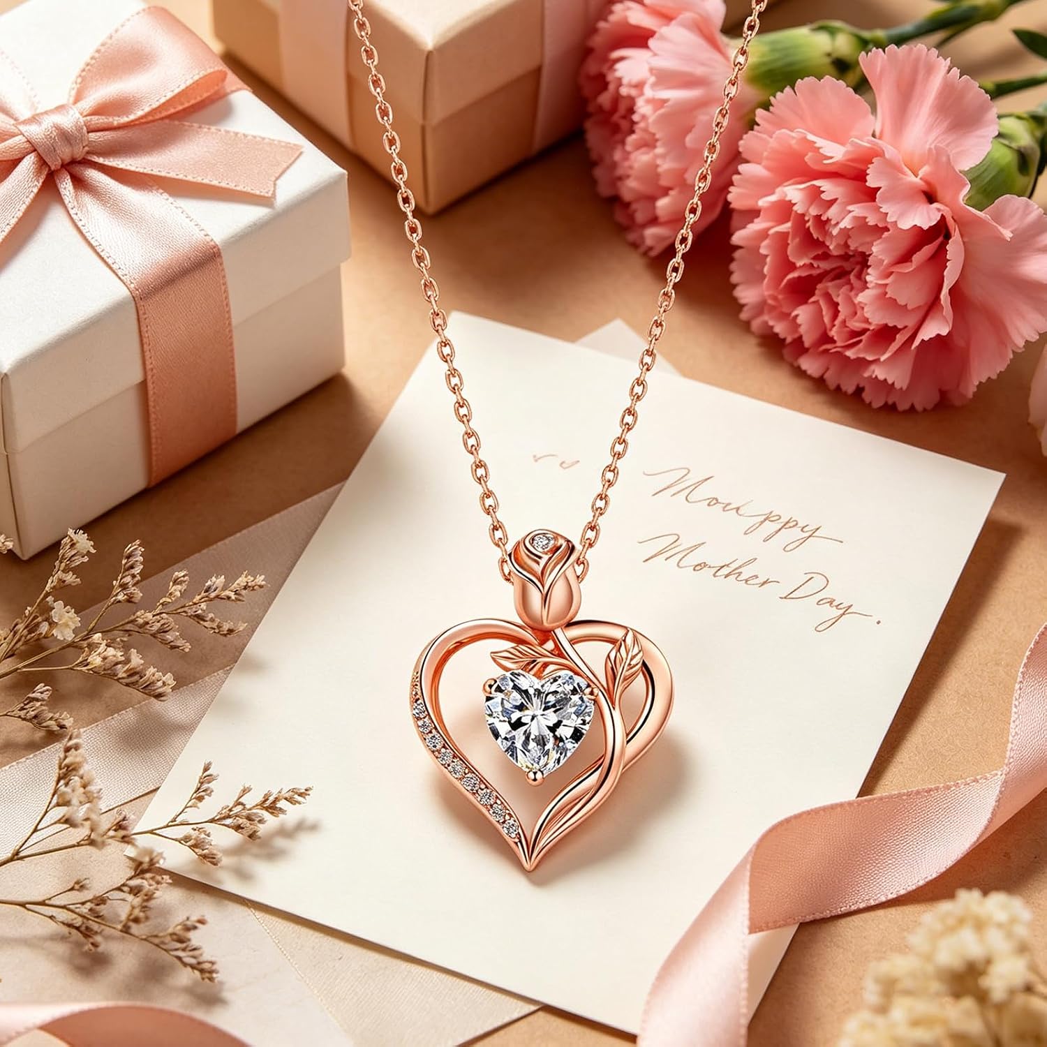1.2CT Rose Heart Necklace Option of Moissanite or Lab-Grown Sapphire Ruby Emerald&More Necklace for Women Birthstone