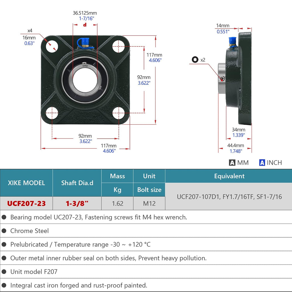 XIKE 2 Pcs UCF207-23 Bore 1-7/16" Pillow Block Square Flange Mounted Ball Bearings.