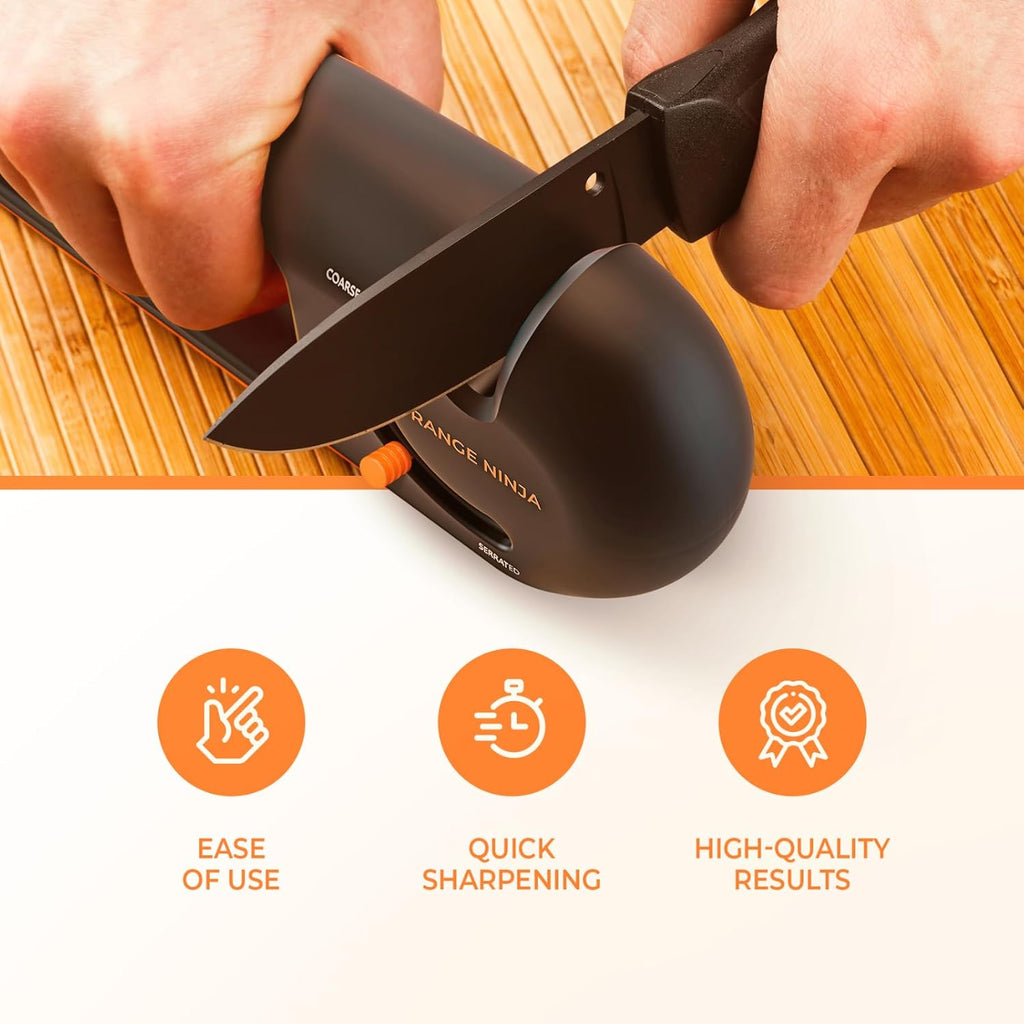 Orange Ninja 4-Stage Knife Sharpener & Serrated Knife Sharpener– Repairs, Sharpens & Polishes Blades with Ergonomic