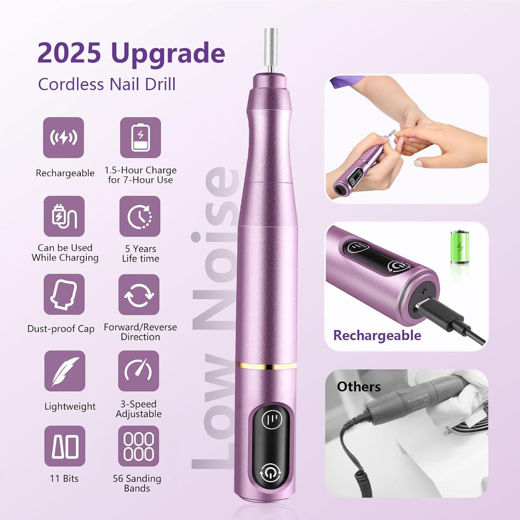 Cordless Nail Drill Electric Nail File Kit, Rechargeable Efile Set, Portable Acrylic Gel Nail Polish Remover Machine