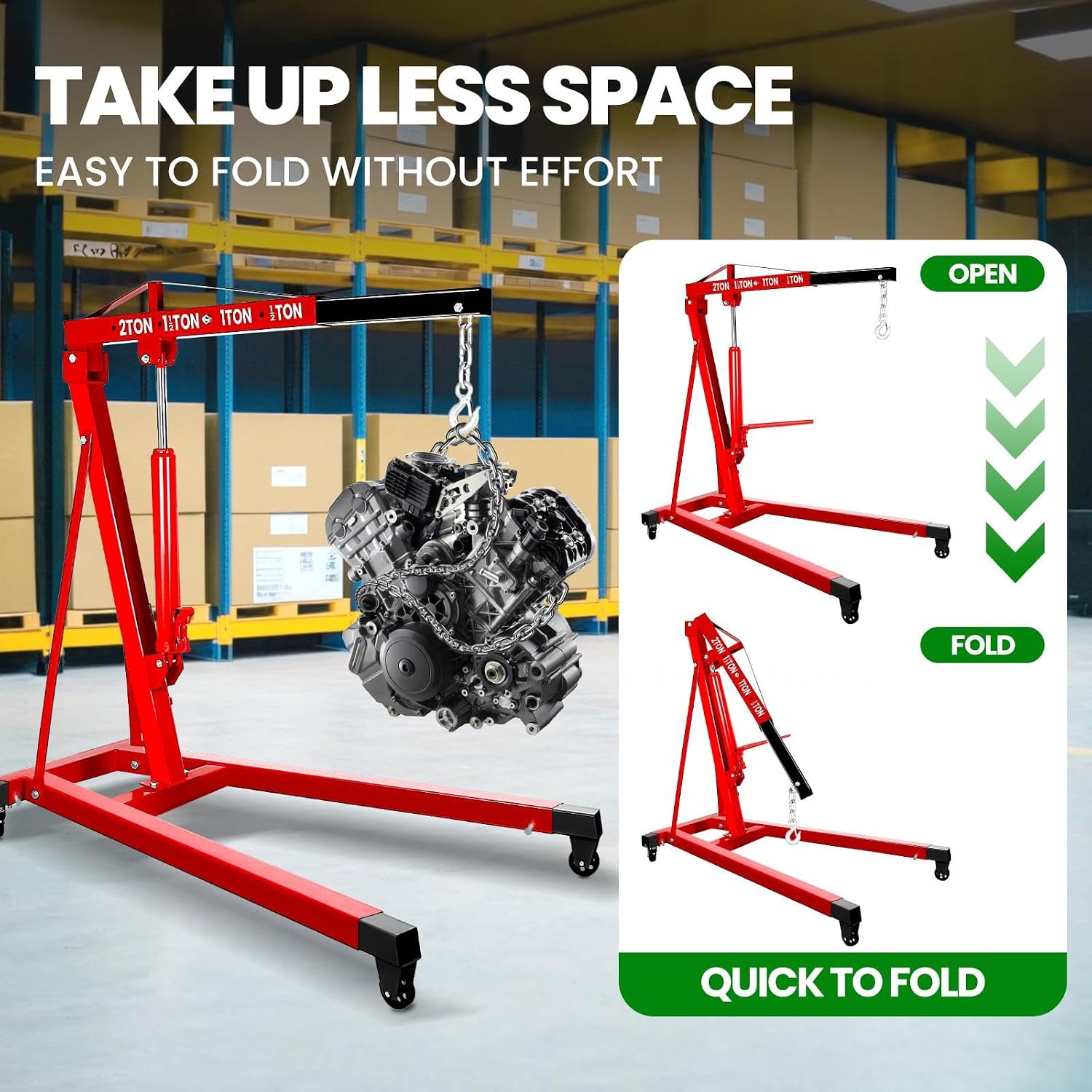 2 Ton Folding Engine Hoist, 5500lbs Hydraulic Cherry Picker Engine Hoist with 4 Casters, Heavy Duty Engine Lift for