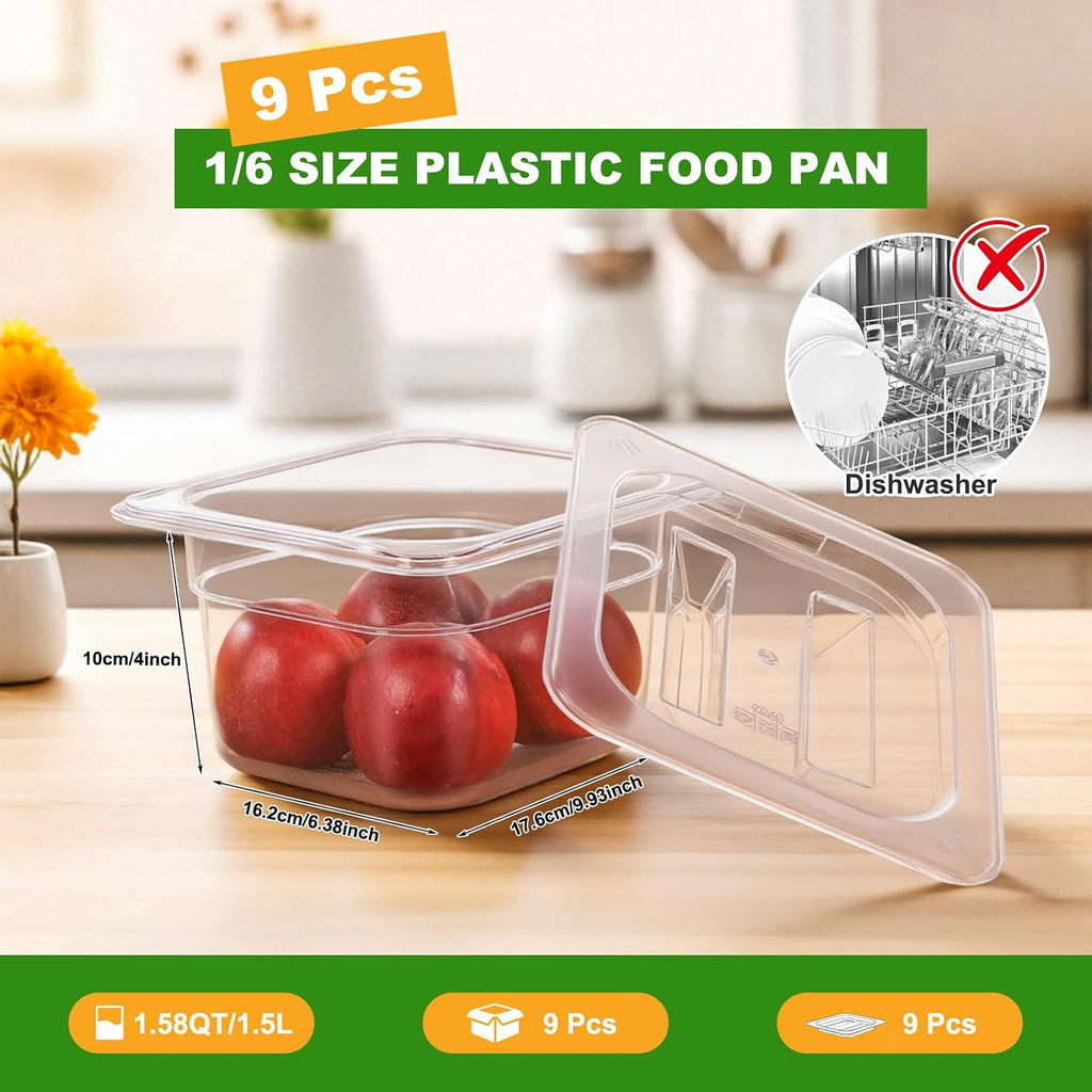 9-Pack 1/6 Size 4''Deep NSF Polycarbonate Food Pans with Lids