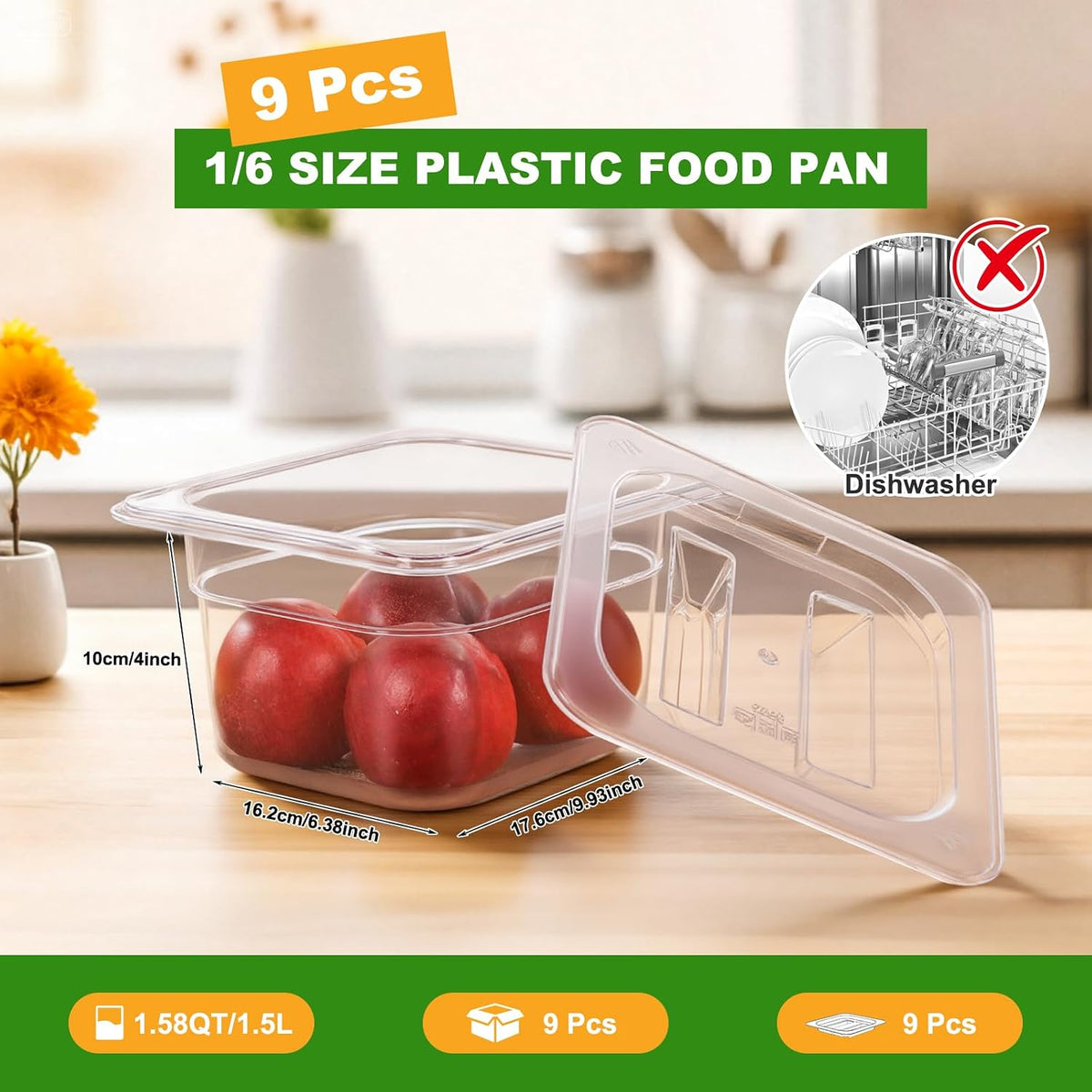 9-Pack 1/6 Size 4''Deep NSF Polycarbonate Food Pans with Lids