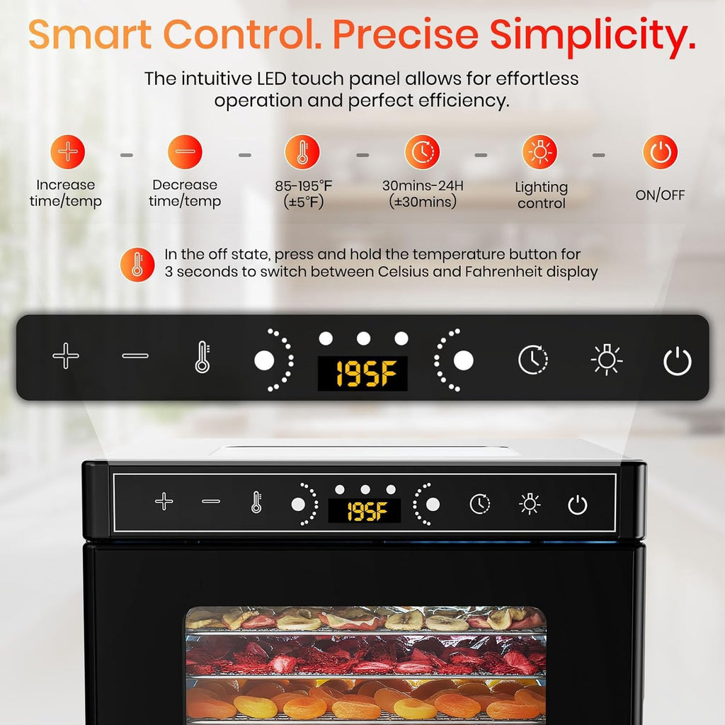 8-Tray Food Dehydrator, 400W, Stainless Steel, 195°F & 24H Time Control