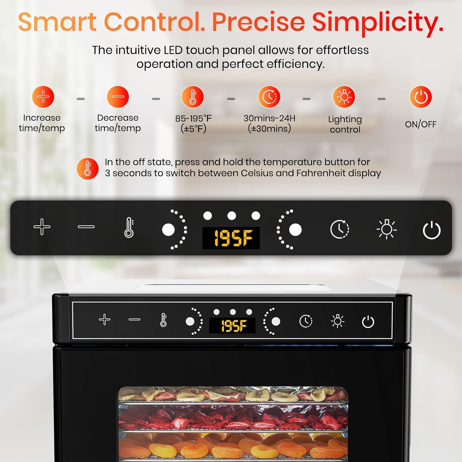 8-Tray Food Dehydrator, 400W, Stainless Steel, 195°F & 24H Time Control