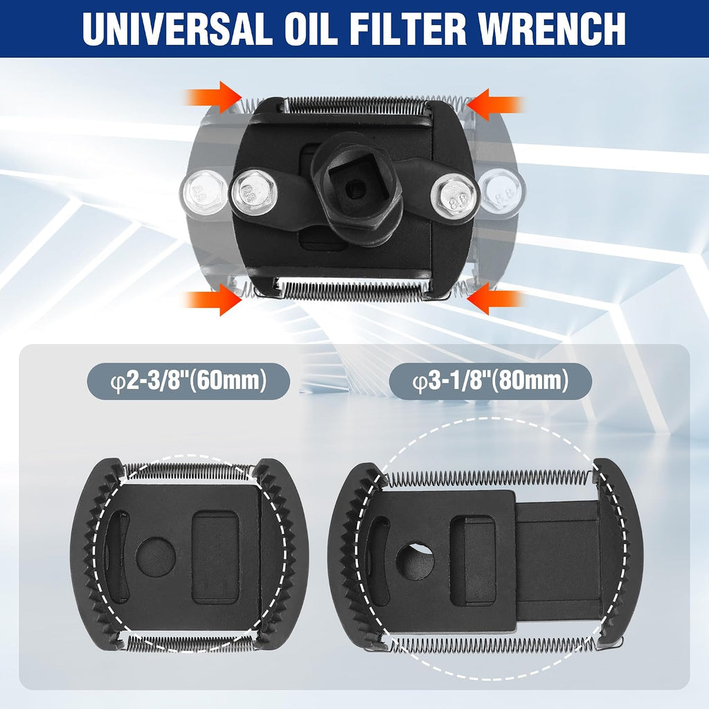 Universal Oil Filter Wrench (2-3/8 to 3-1/8") Adjustable with Auto-Clamp Spring, Oil Filter Removal Tool, Oil Filter