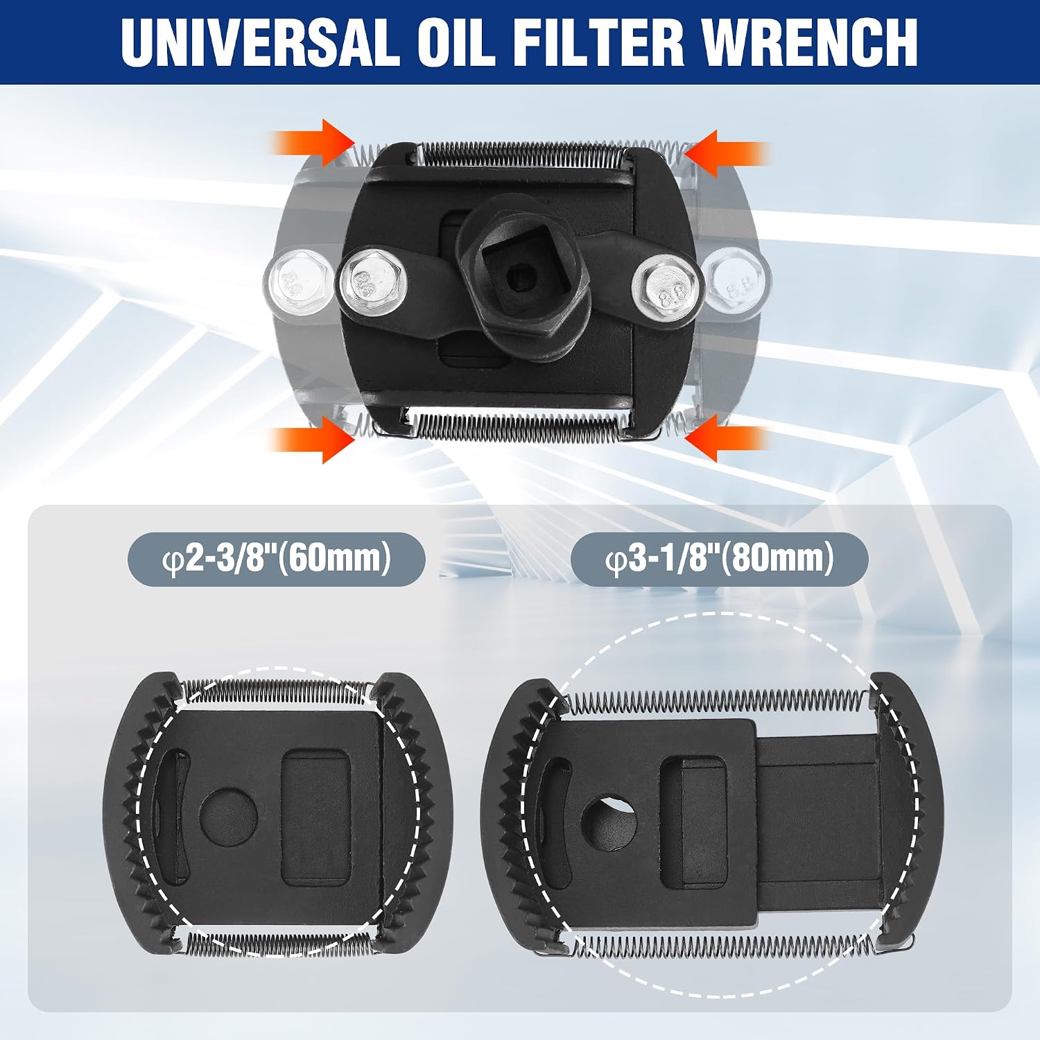 Universal Oil Filter Wrench (2-3/8 to 3-1/8") Adjustable with Auto-Clamp Spring, Oil Filter Removal Tool, Oil Filter