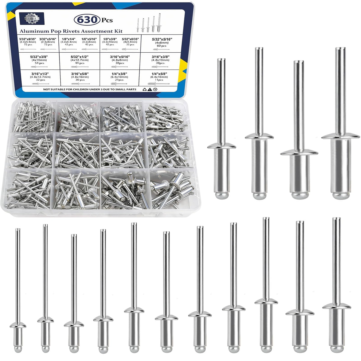 630Pcs Pop Rivets Assortment Kit Aluminum Rivet 3/32 1/8 5/32 3/16 1/4