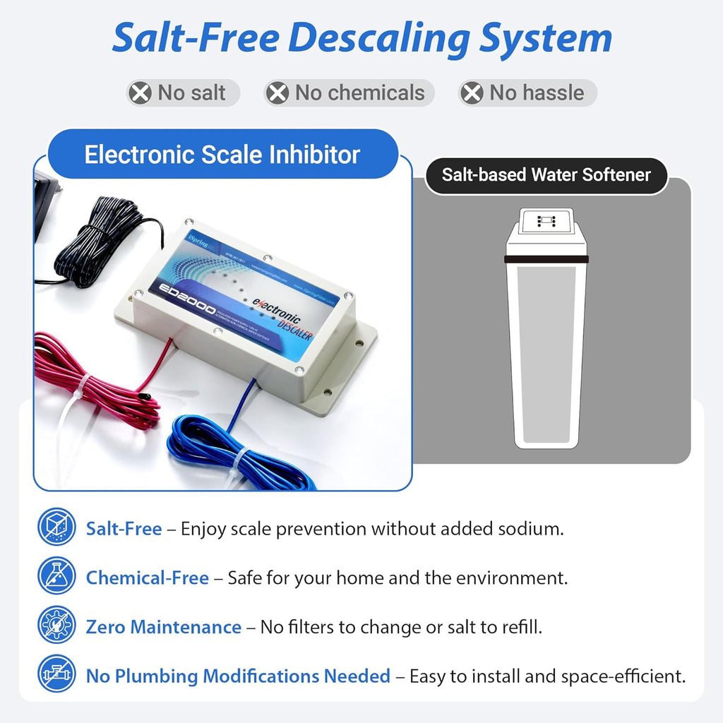ED2000 Whole House Water Descaler, Alternative Electronic Salt-Free Hard Water Conditioner, Reduces Limescale Prevent
