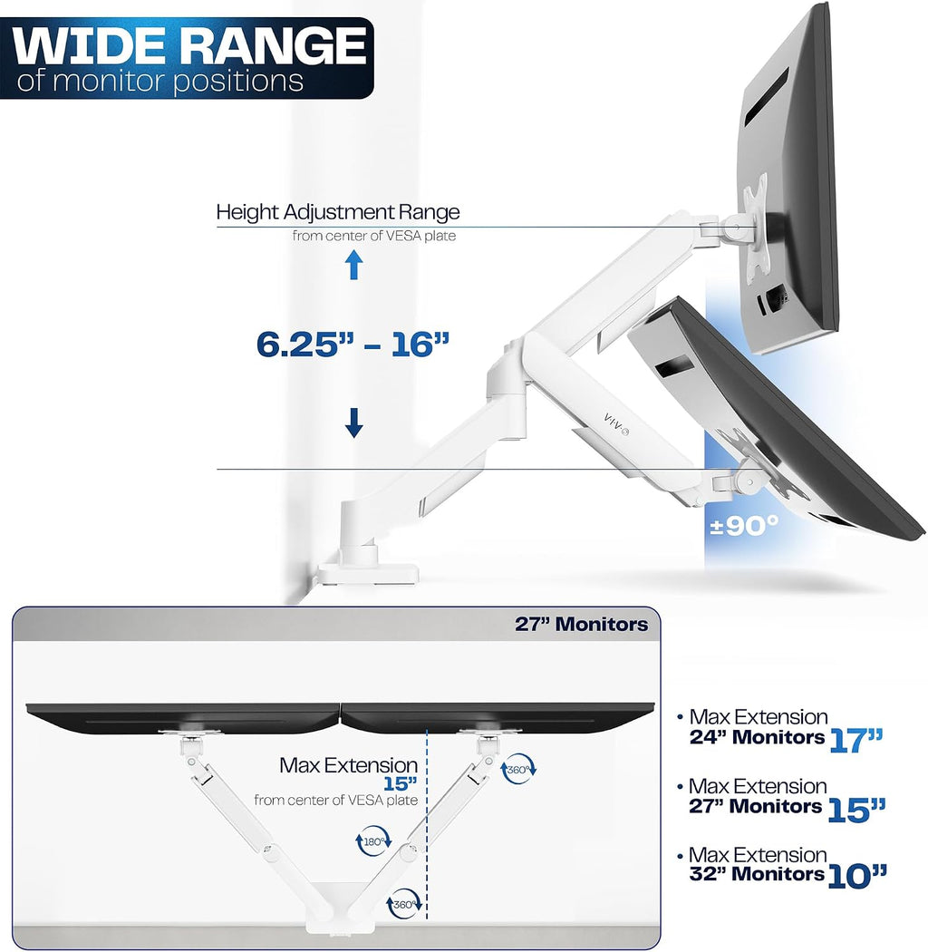 Dual Monitor Stand, Fully Adjustable Arms for 17 to 32 inch Screens, Mechanical Articulating Desk Mount, Gaming and