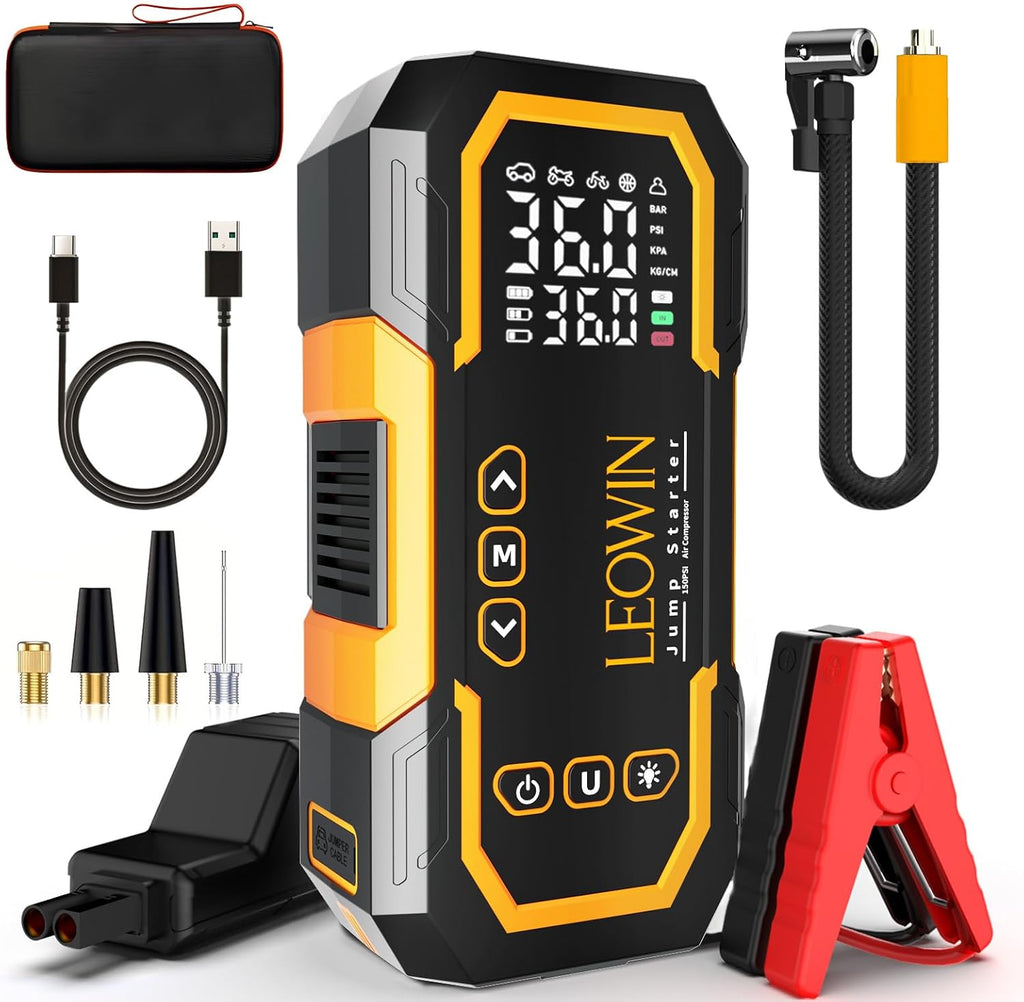 Jump Starter with Air Compressor, Battery Jumper Starter Portable(9.0 Gas/6.5L Diesel) with Tire Inflator, 12V Car