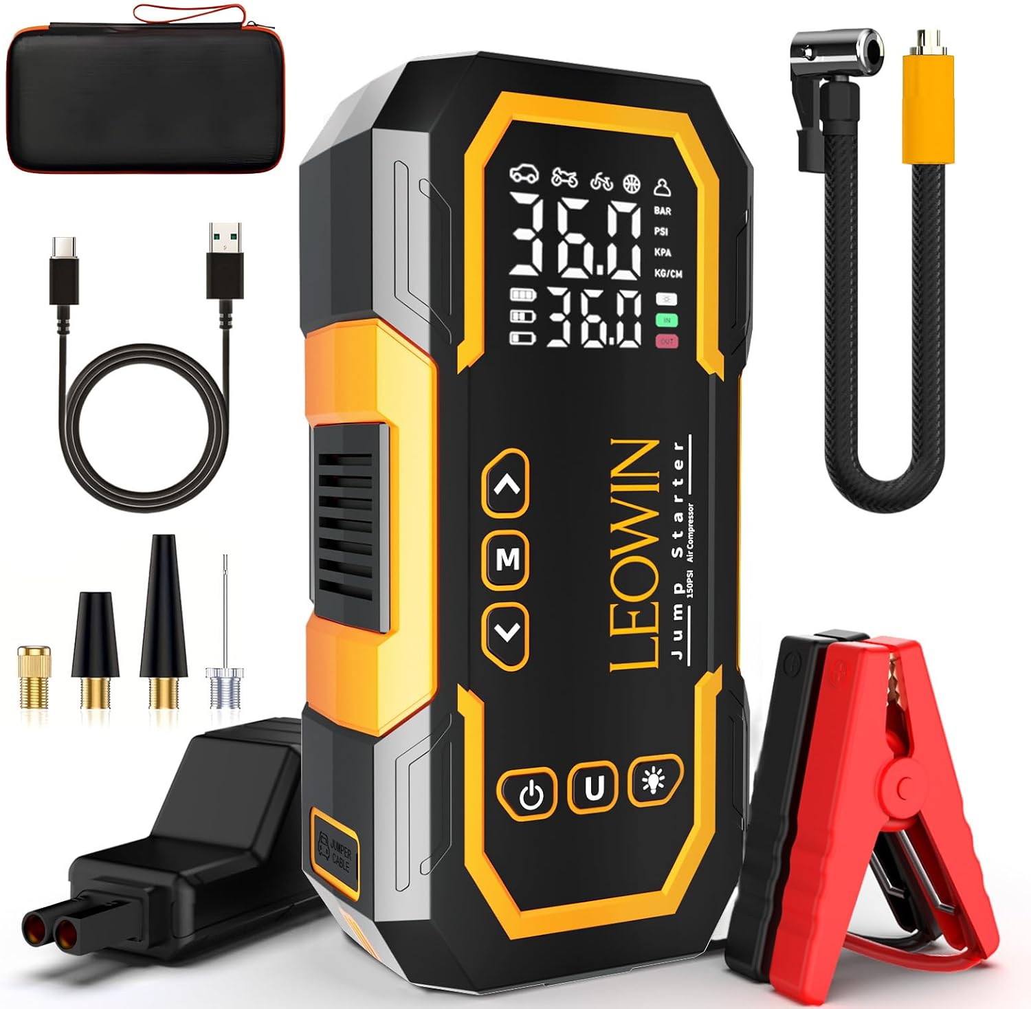 Jump Starter with Air Compressor, Battery Jumper Starter Portable(9.0 Gas/6.5L Diesel) with Tire Inflator, 12V Car