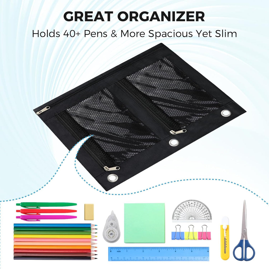 Large Pencil Pouch for 3 Ring Binder, Zipper Pockets Pen Case, 600D Oxford Fabric Large Capacity Pencil Case for