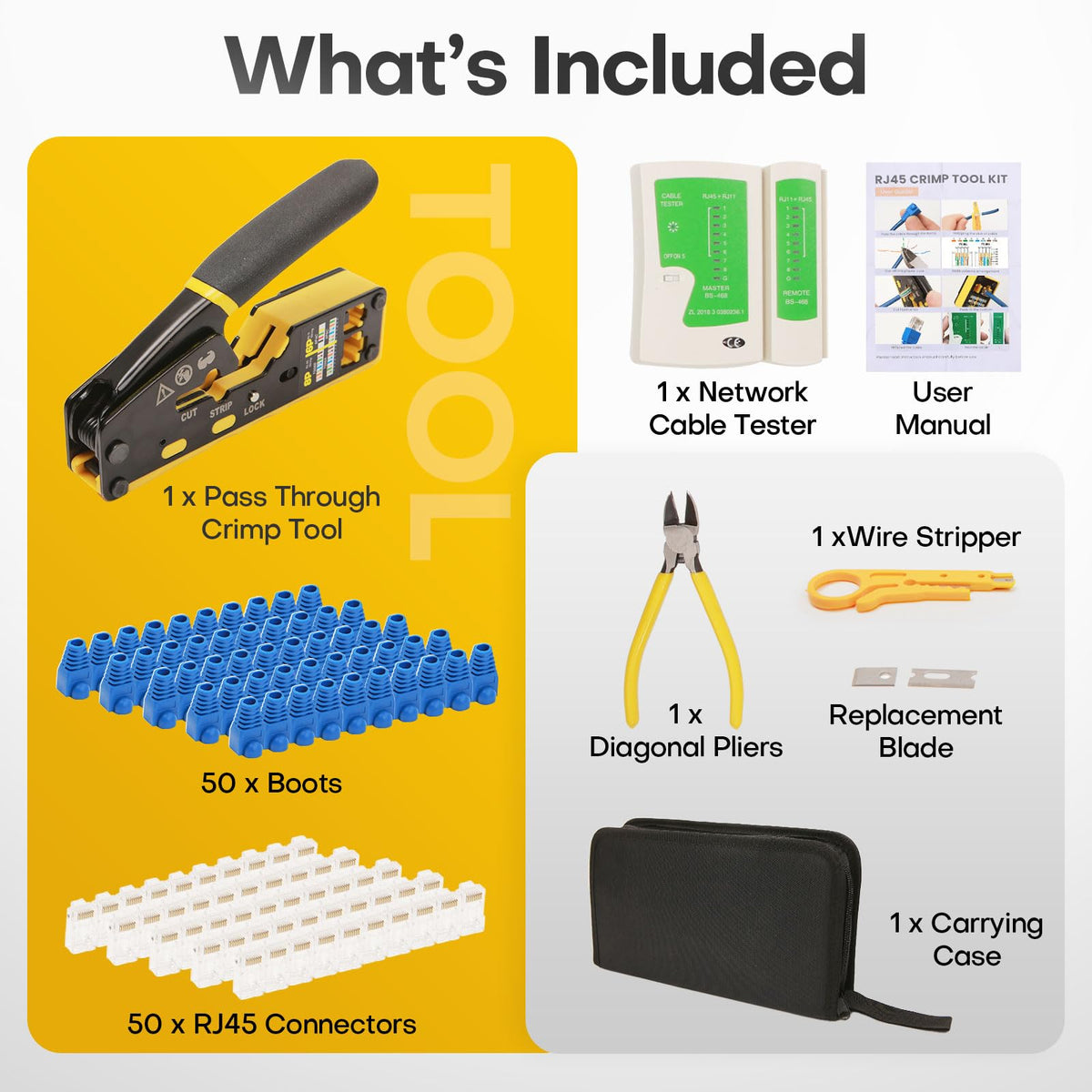 TuolandX Pass Through RJ45 Crimp Tool Kit with Tester and Carrying Case