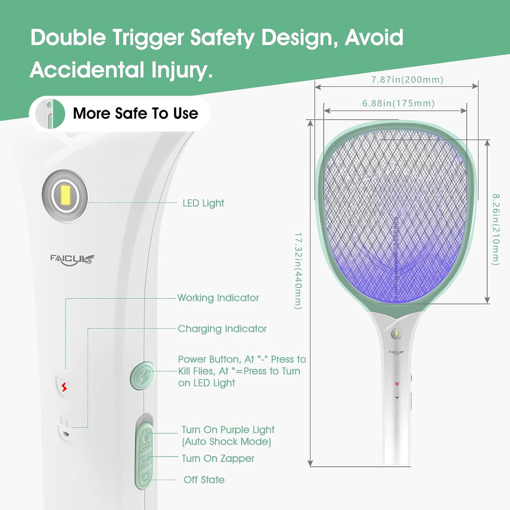 Rechargeable Handheld Bug Zapper Racket 2 in 1 Electric Fly Swatter (2 in 1 Green)