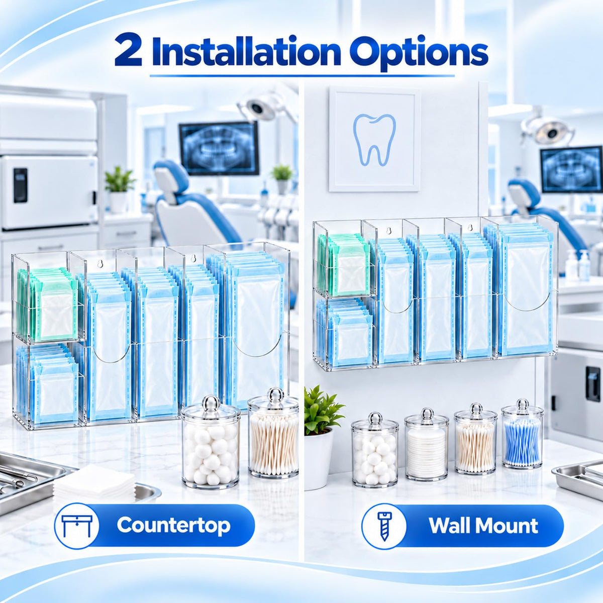 Sterilization Pouch Organizer Set with 4 Jars Acrylic Dental Dispenser Rack