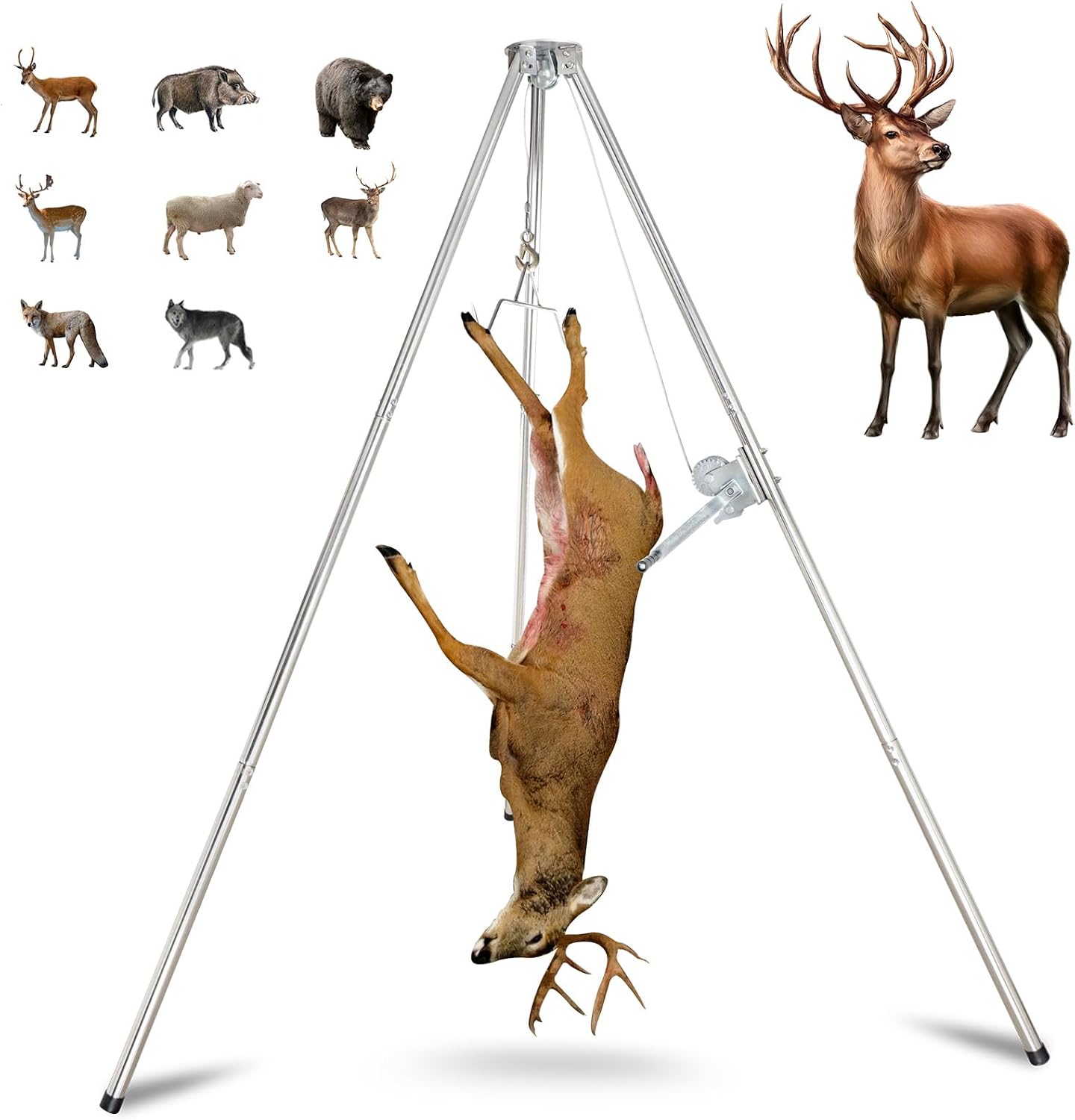 Deer Game Hoist Tripod Hanger Rack with Gambrel and Manual Winch