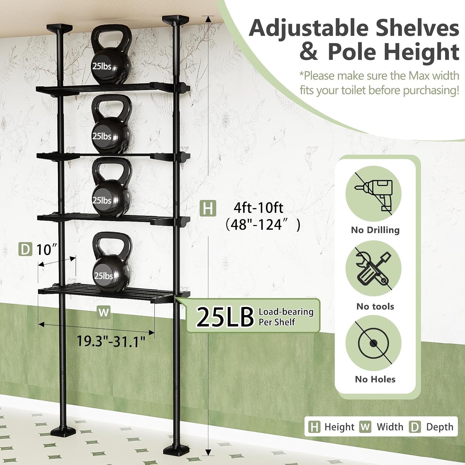 Over The Toilet Storage Shelf No Drill 4-Tier Adjustable Bathroom Organizer | Space-Saving Tension floor-to-ceiling