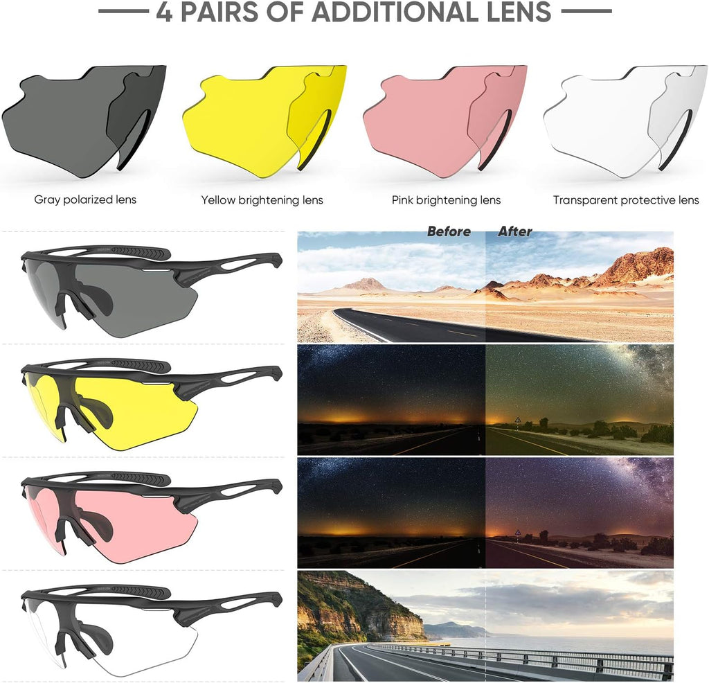 Cycling Glasses with 5 Interchangeable Lenses, Sunglasses for Pickleball Beach Volleyball Running Men Women