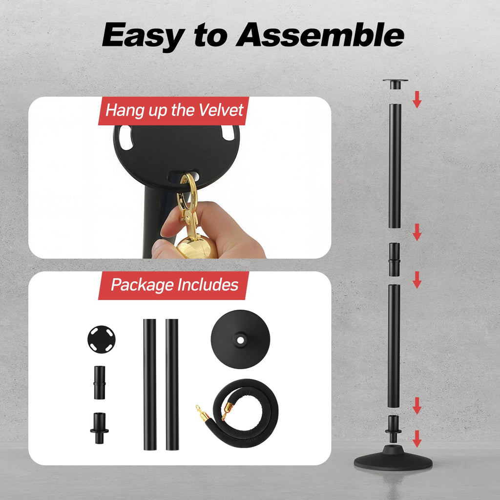 2 Pack Plastic Stanchion Posts, Black Velvet Rope, Crowd Control