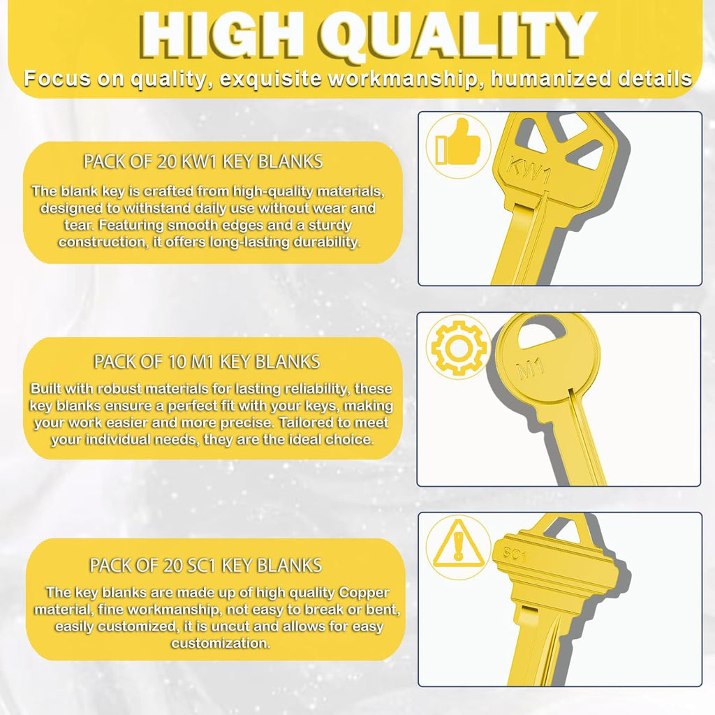 Key Blanks in Premium Quality Brass Assortment | Uncut Key Blanks 20 KW1, 20 SC1, 10 M1 for Home and Professional Use