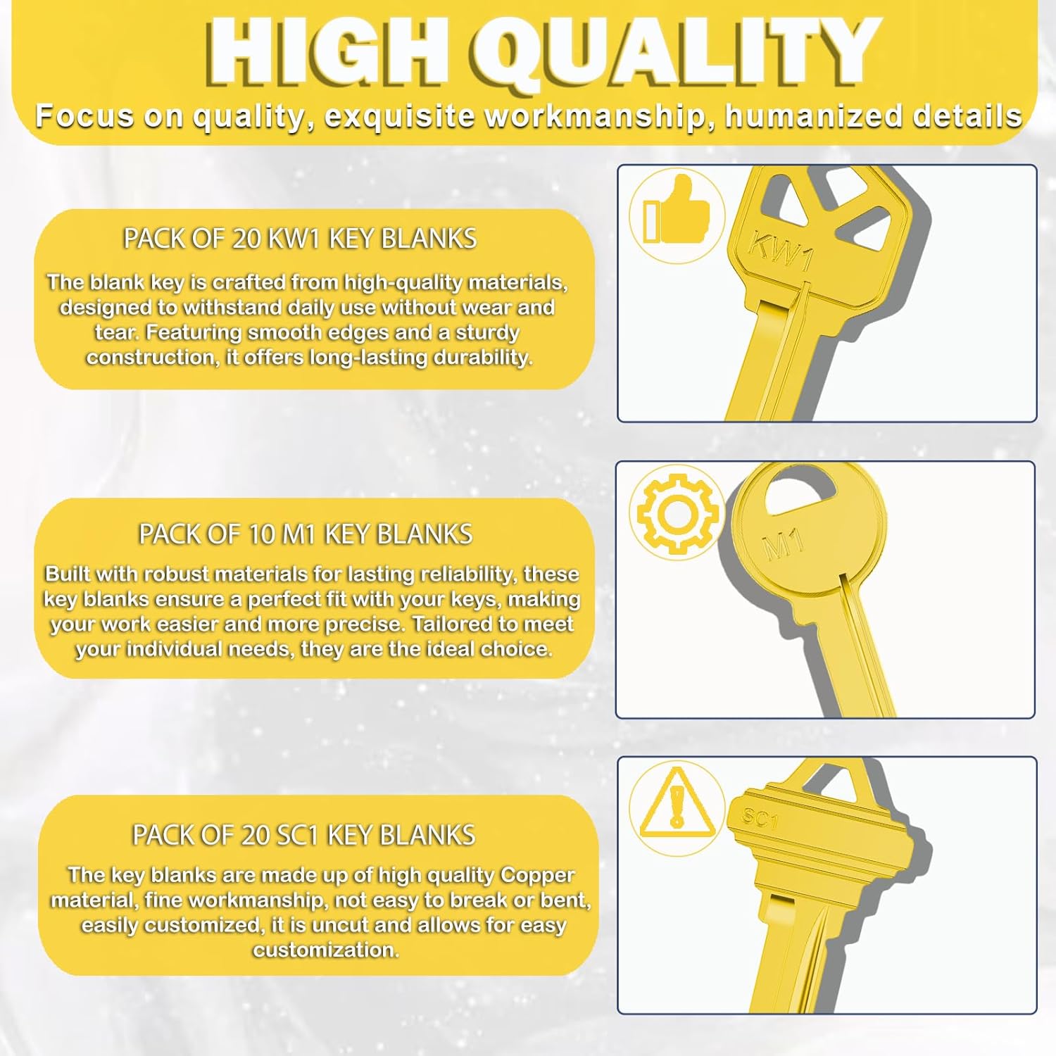 Key Blanks in Premium Quality Brass Assortment | Uncut Key Blanks 20 KW1, 20 SC1, 10 M1 for Home and Professional Use