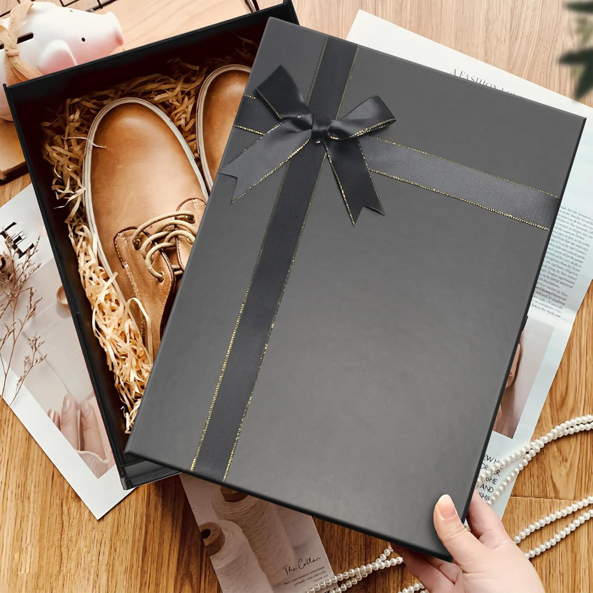 Large Gift Boxes, 13"x10"x5" Black Gift Boxes 2 Pack Sturdy Gift Box with Lids for Presents, Gift Wrap Boxes for