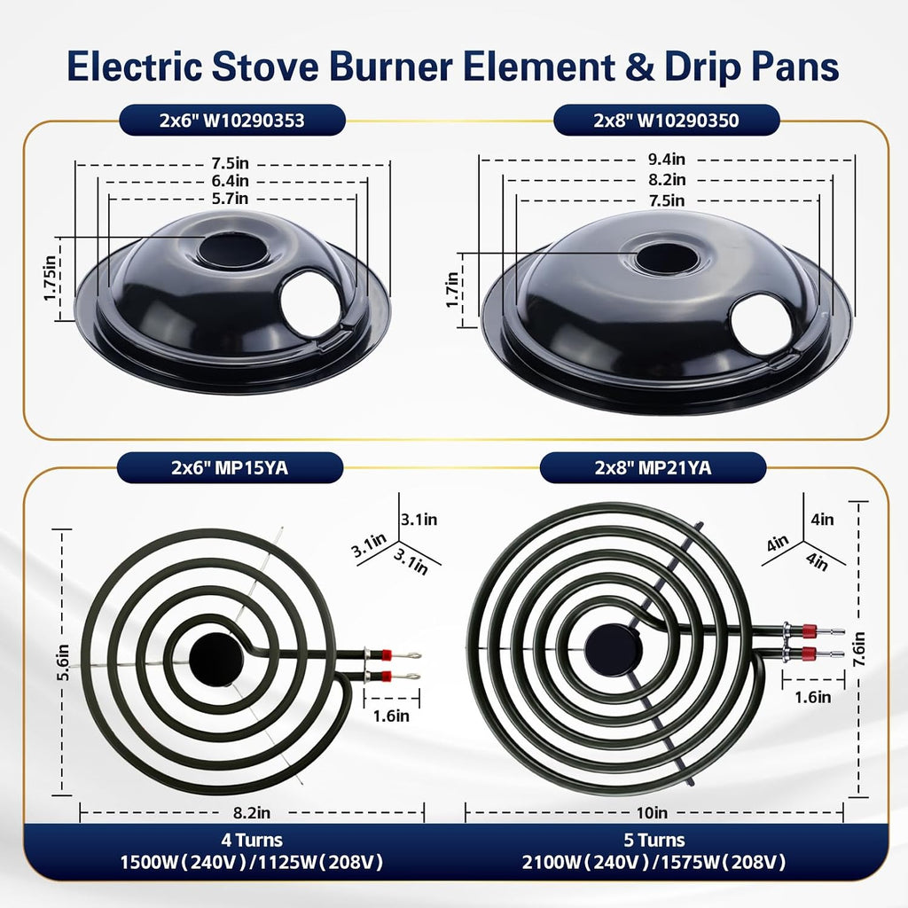 W10290350 W10290353 Drip Pans & MP22YA Electric Burner Element Set