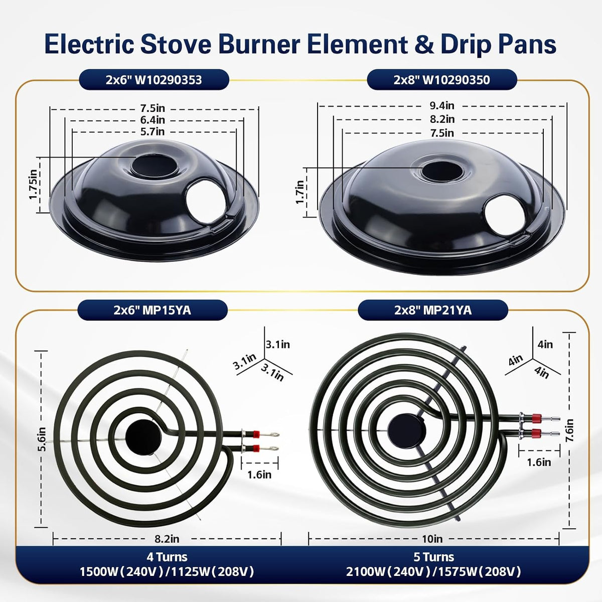 W10290350 W10290353 Drip Pans & MP22YA Electric Burner Element Set