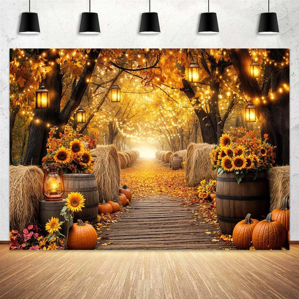 Fall Photo Backdrop, Autumn Forest Scenery Maple Leaves Pumpkins Sunflowers Photography Background, Fall Farm Harvest