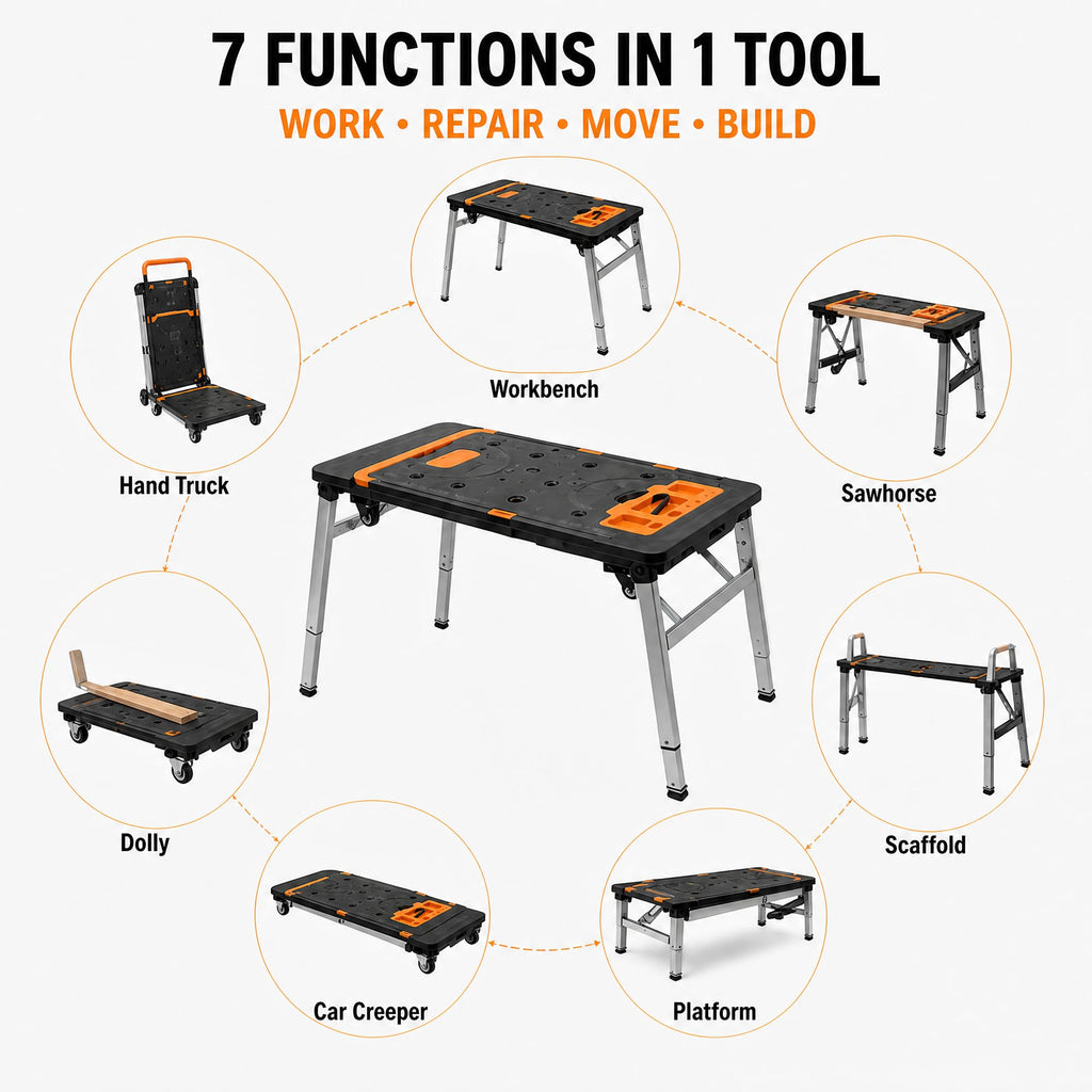 Folding Workbench 7 in 1 Portable Work Table with Wheels Height Adjustable