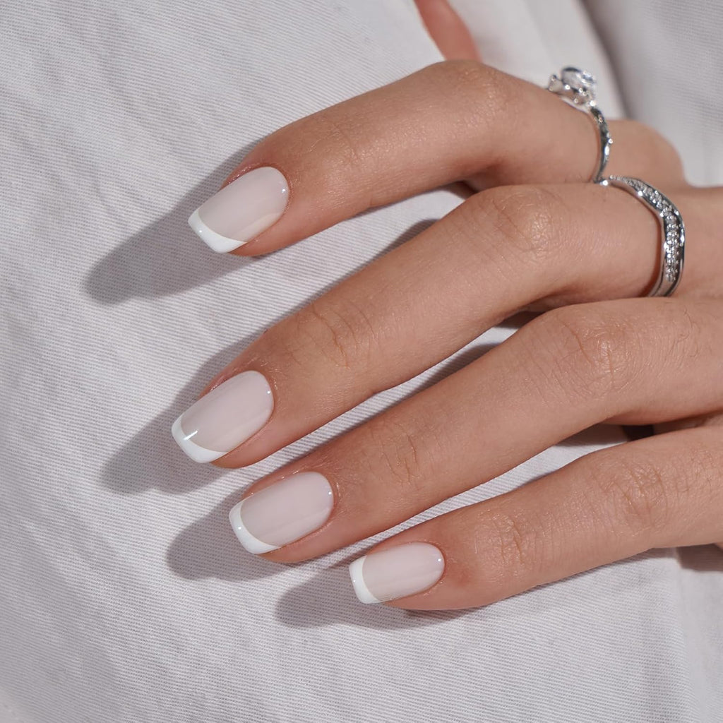 Press On Nails, French Tip Short Square Nails, 30Pcs Full Kit